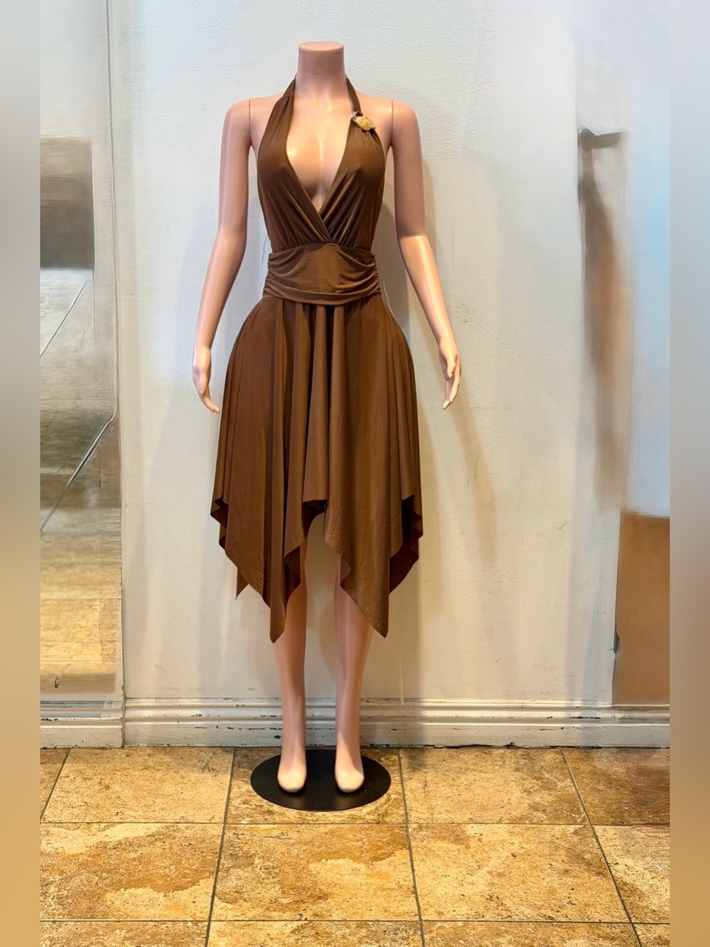 Brown Halter Asymmetrical Handkerchief Hem Dress